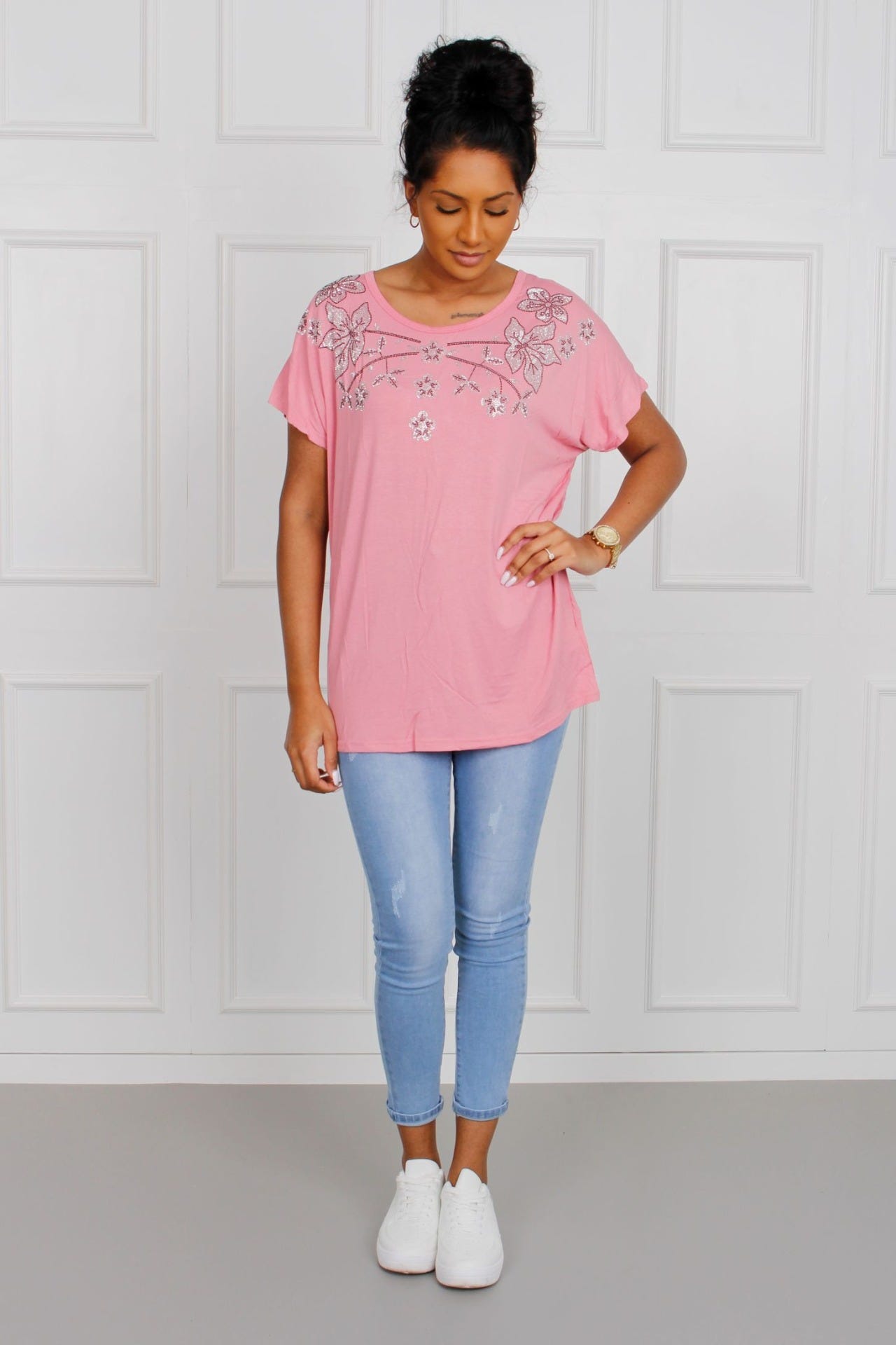 T-shirt med blomstermotiv, rosa