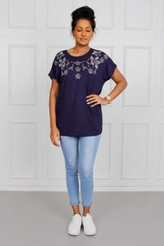 T-shirt med blomstermotiv, navy