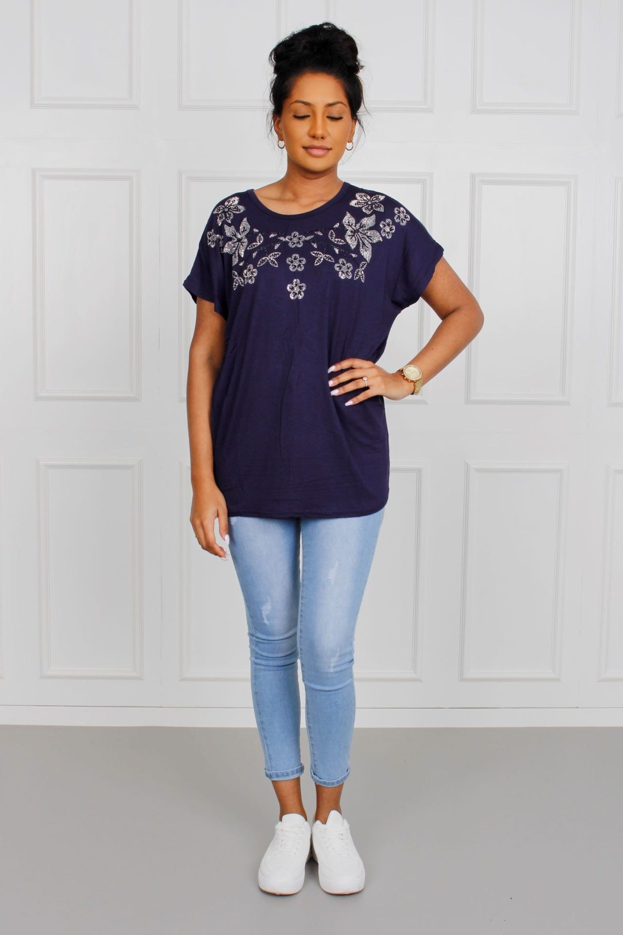 T-Shirt mit Blumenmotiv, navy