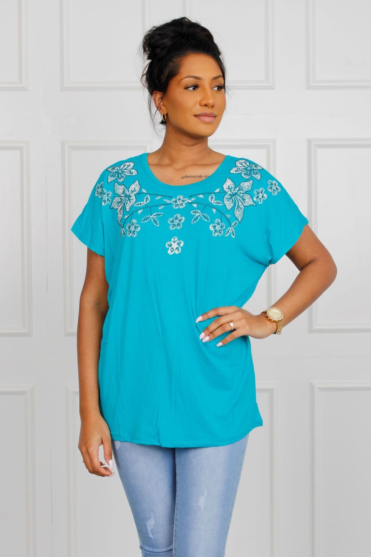 T-shirt med blomstermotiv, aqua