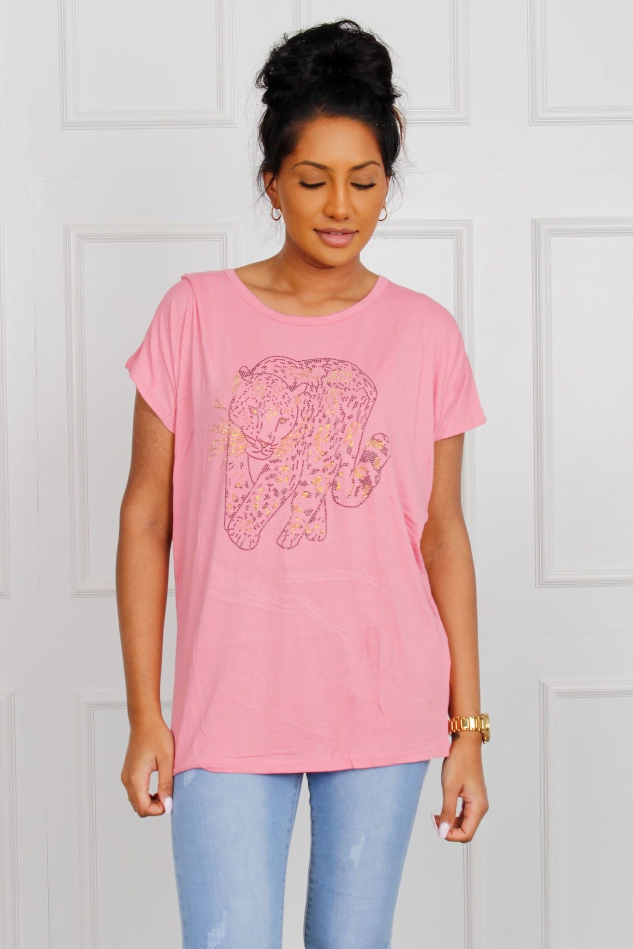 T-Shirt mit Gepardenmotiv, rosa