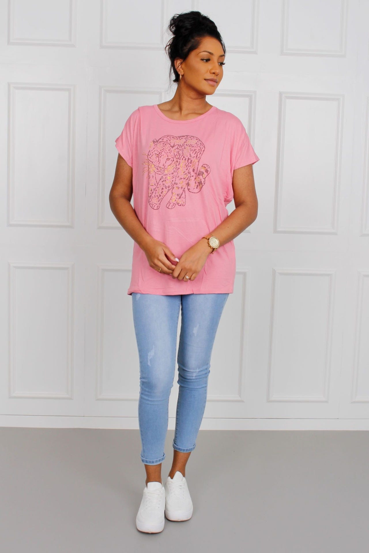 T-Shirt mit Gepardenmotiv, rosa