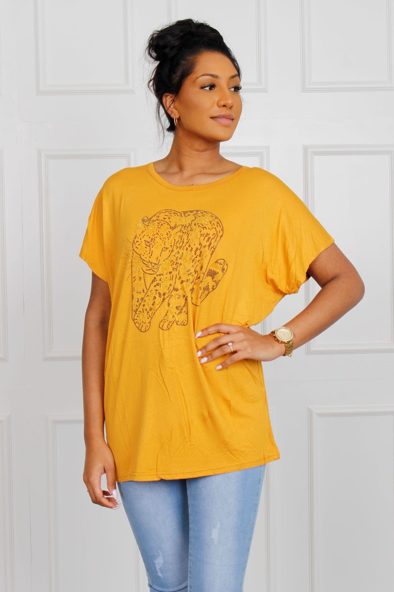 T-shirt med gepardmotiv, mustard