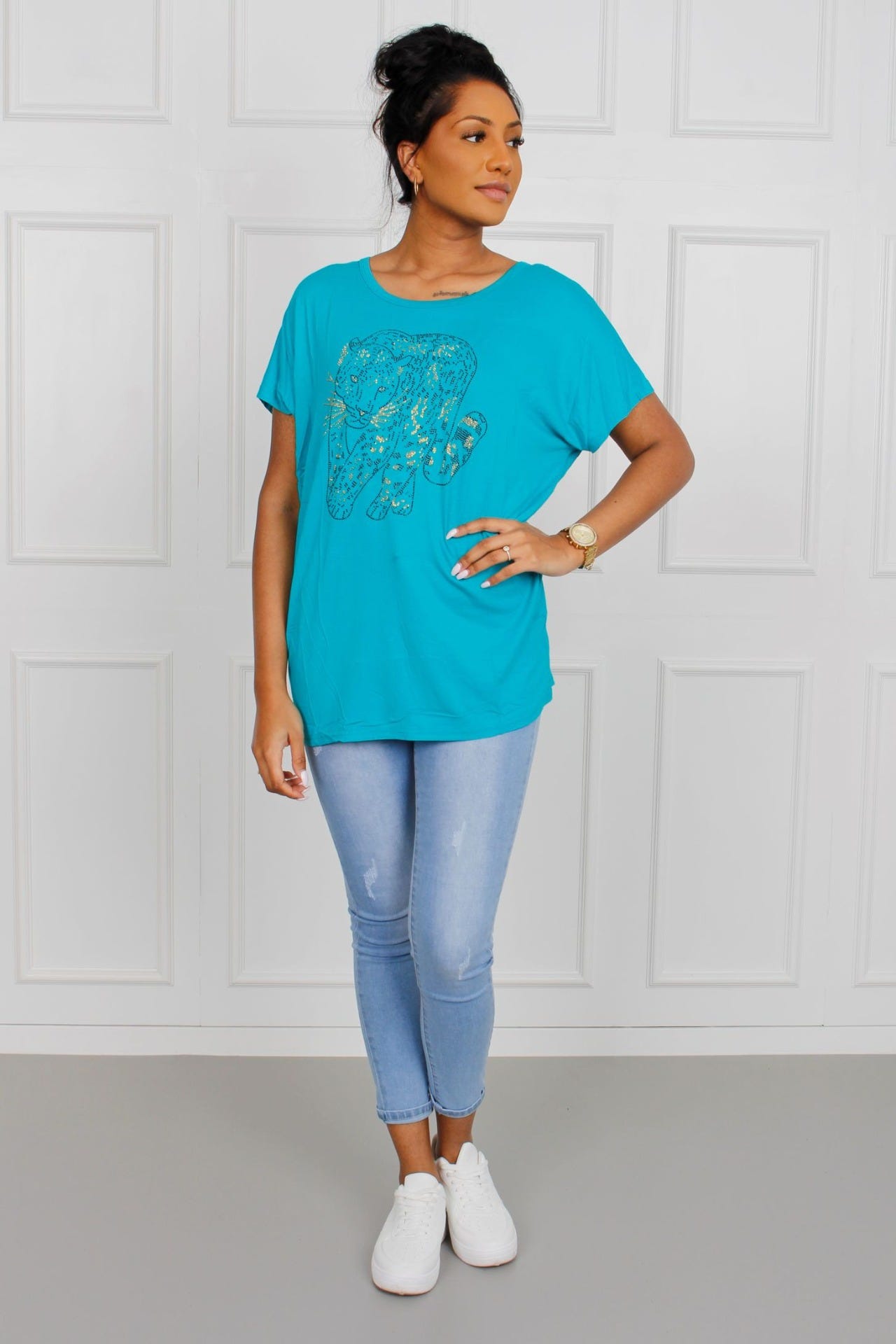 T-Shirt mit Gepardenmotiv, aqua