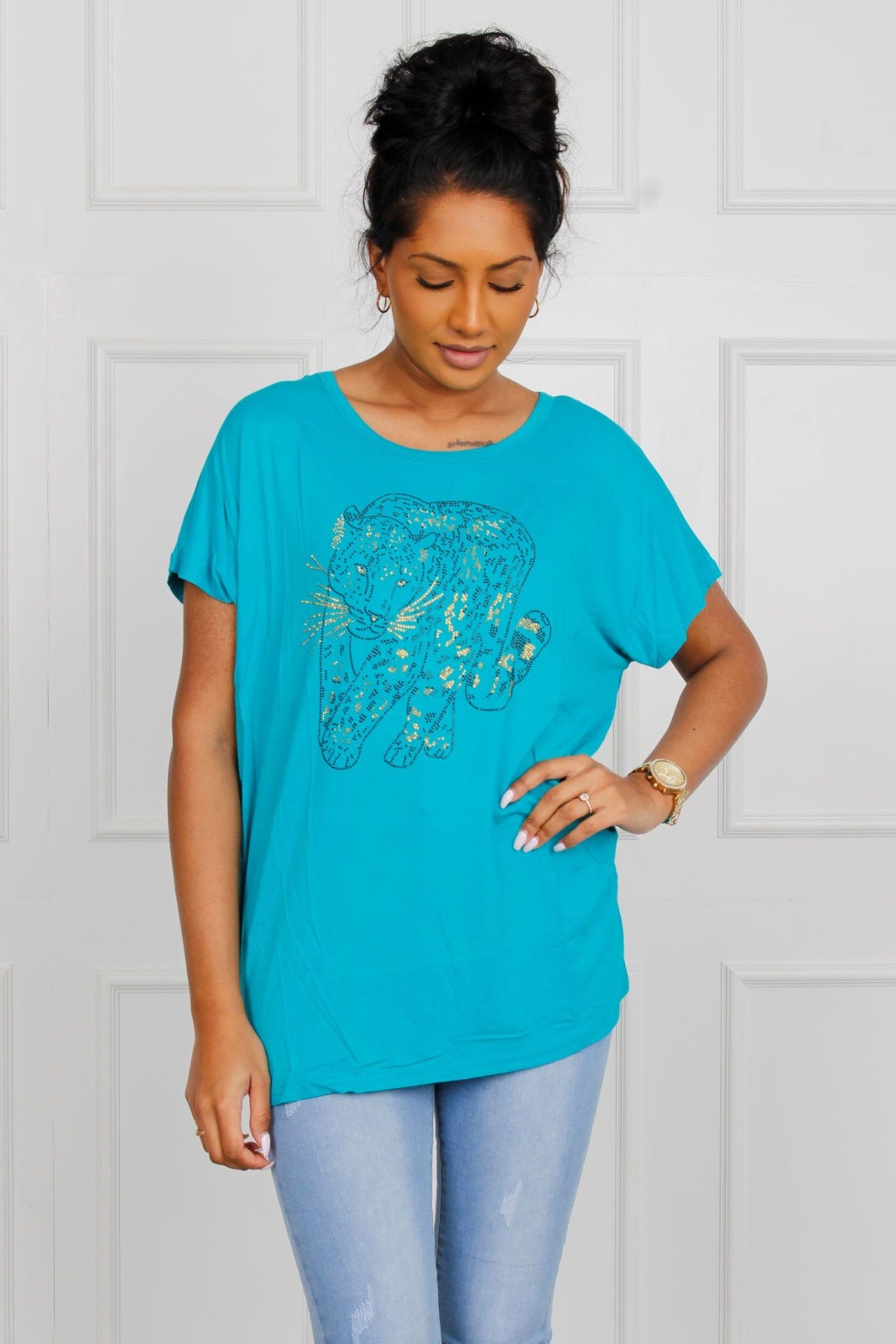 T-shirt med gepardmotiv, aqua