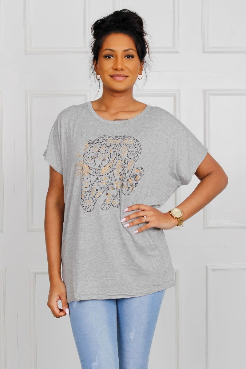 T-Shirt mit Leopardenmotiv, grau