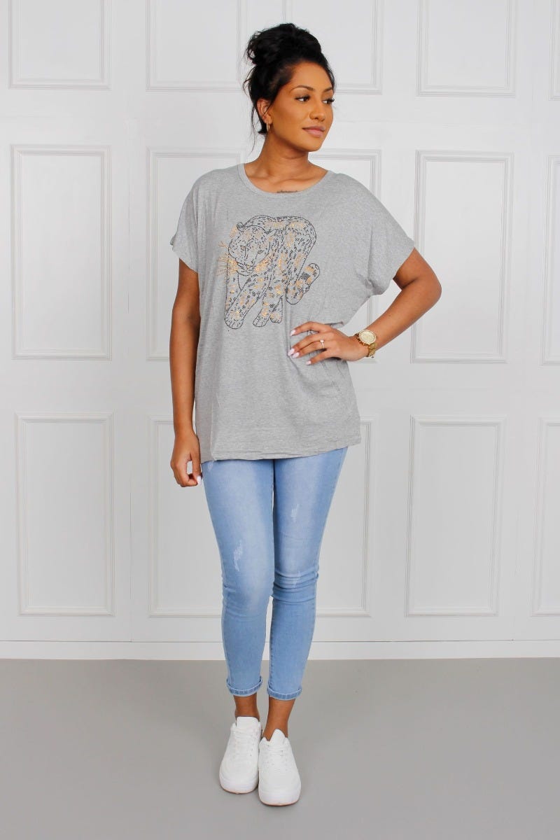 T-Shirt mit Leopardenmotiv, grau