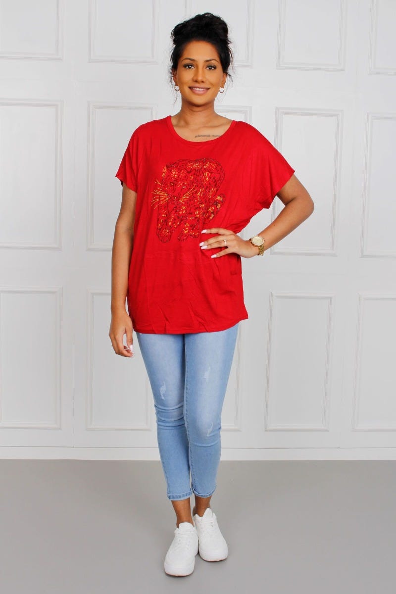 T-Shirt mit Leopardenmotiv, rot