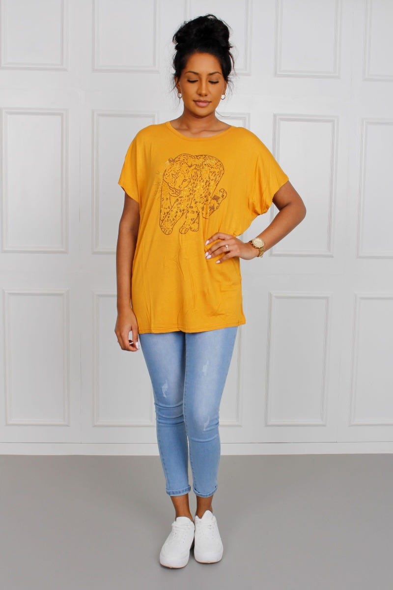 T-Shirt mit Leopardenmotiv, senfgelb