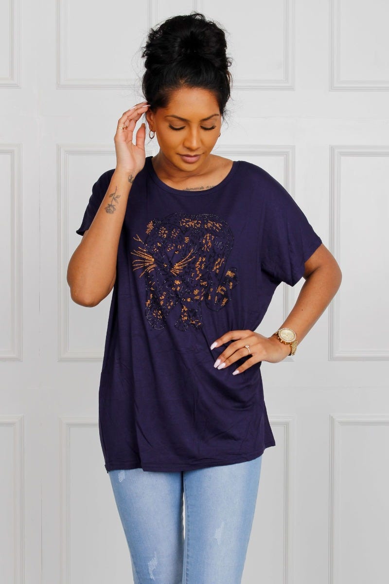 T-Shirt mit Leopardenmotiv, navy