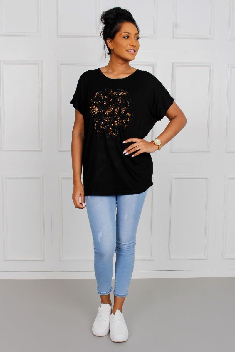 T-Shirt mit Leopardenmotiv, schwarz