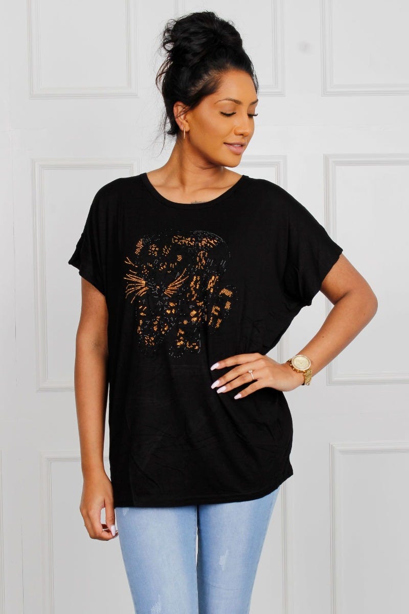 T-Shirt mit Leopardenmotiv, schwarz