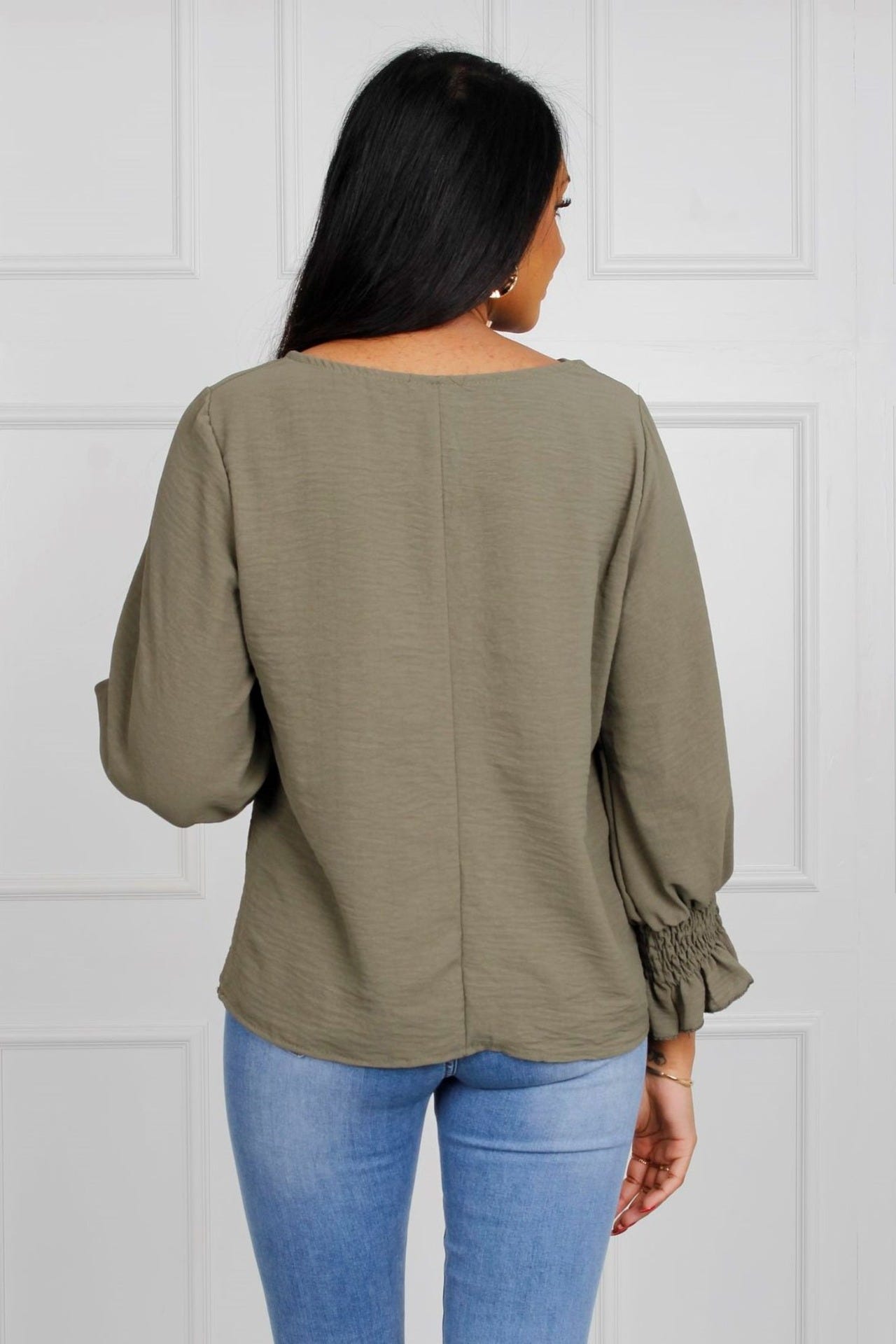 Bluse med smock ærmer, khaki