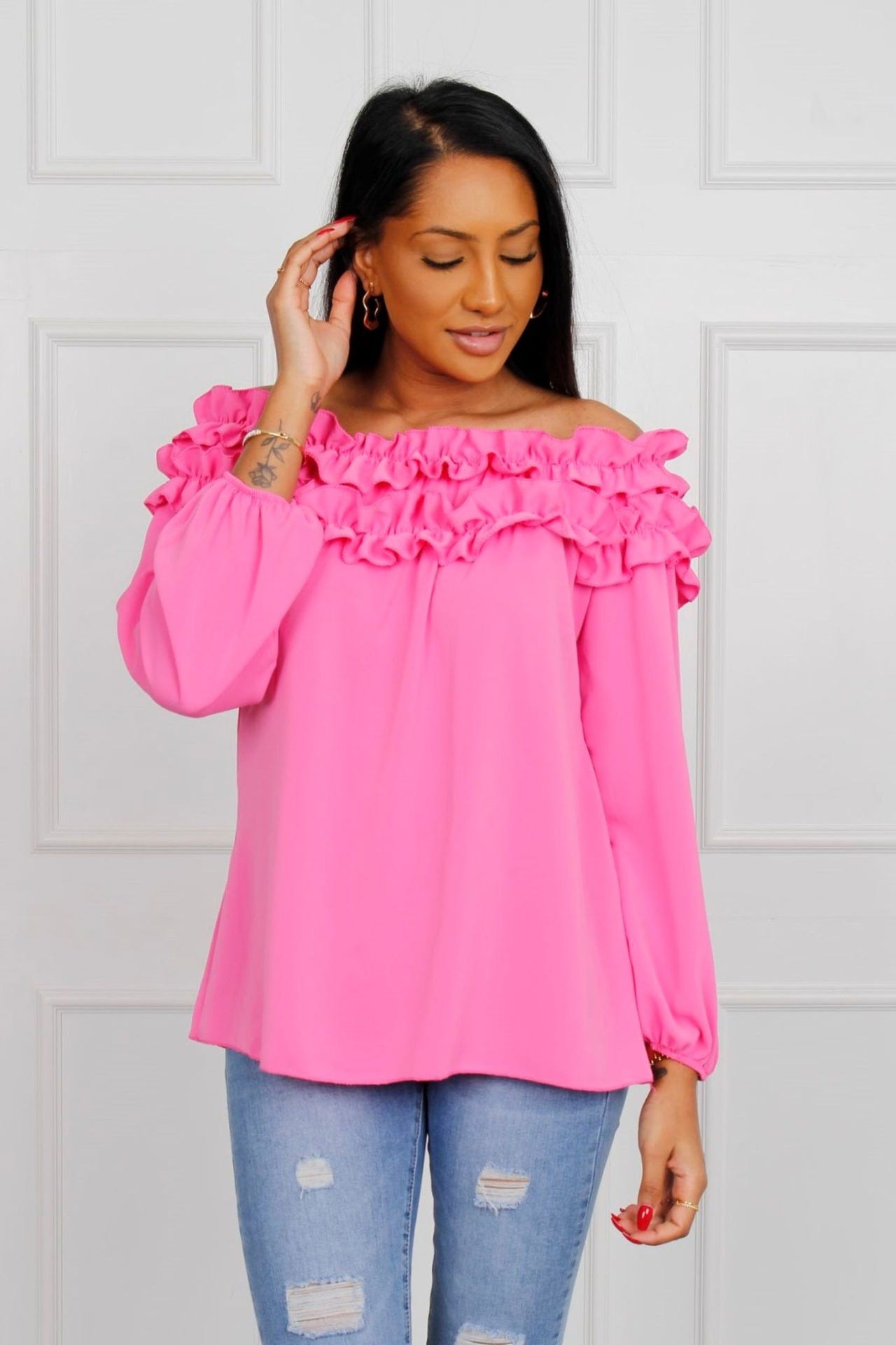 Bluse mit Rüschenrand, pink