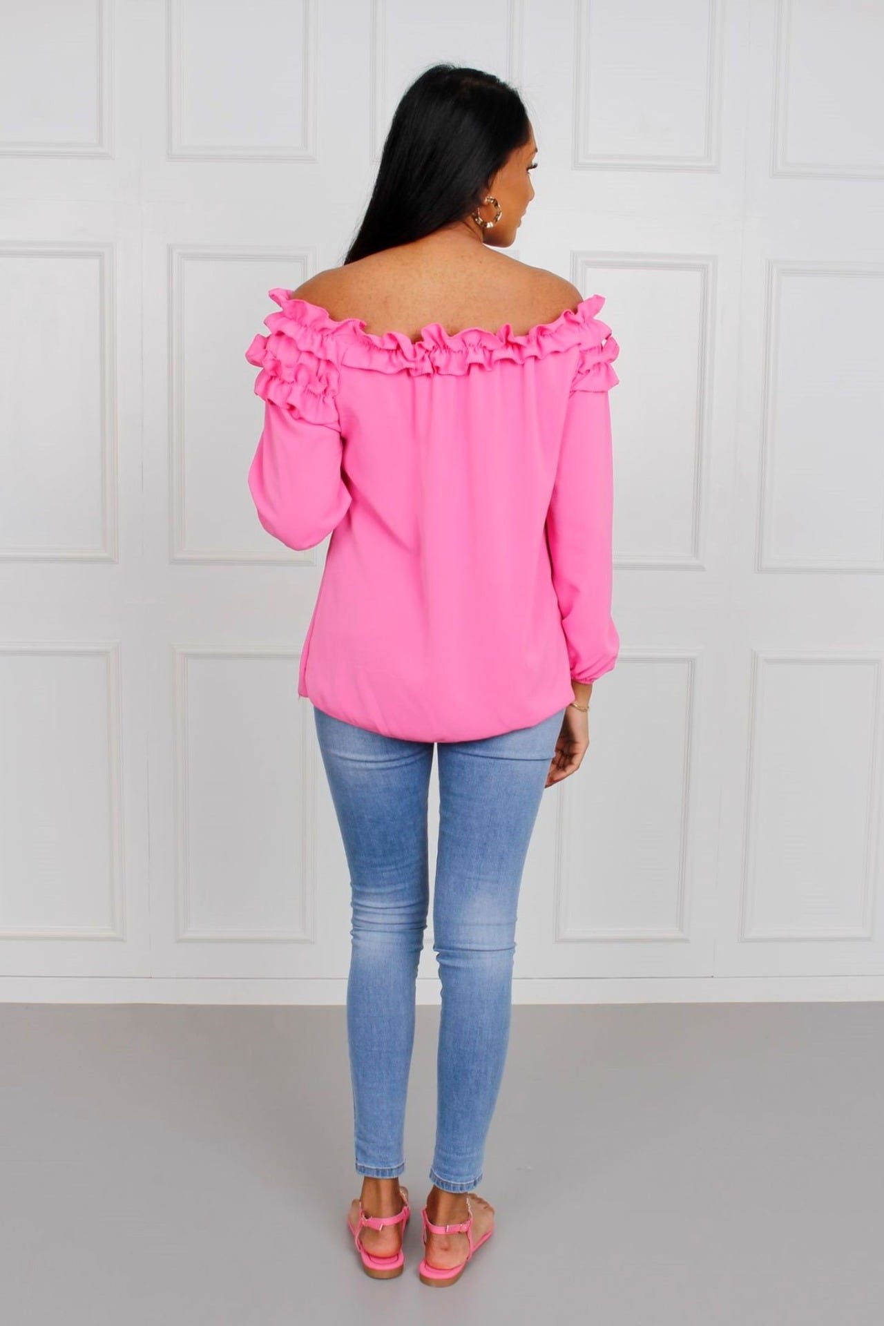 Bluse mit Rüschenrand, pink