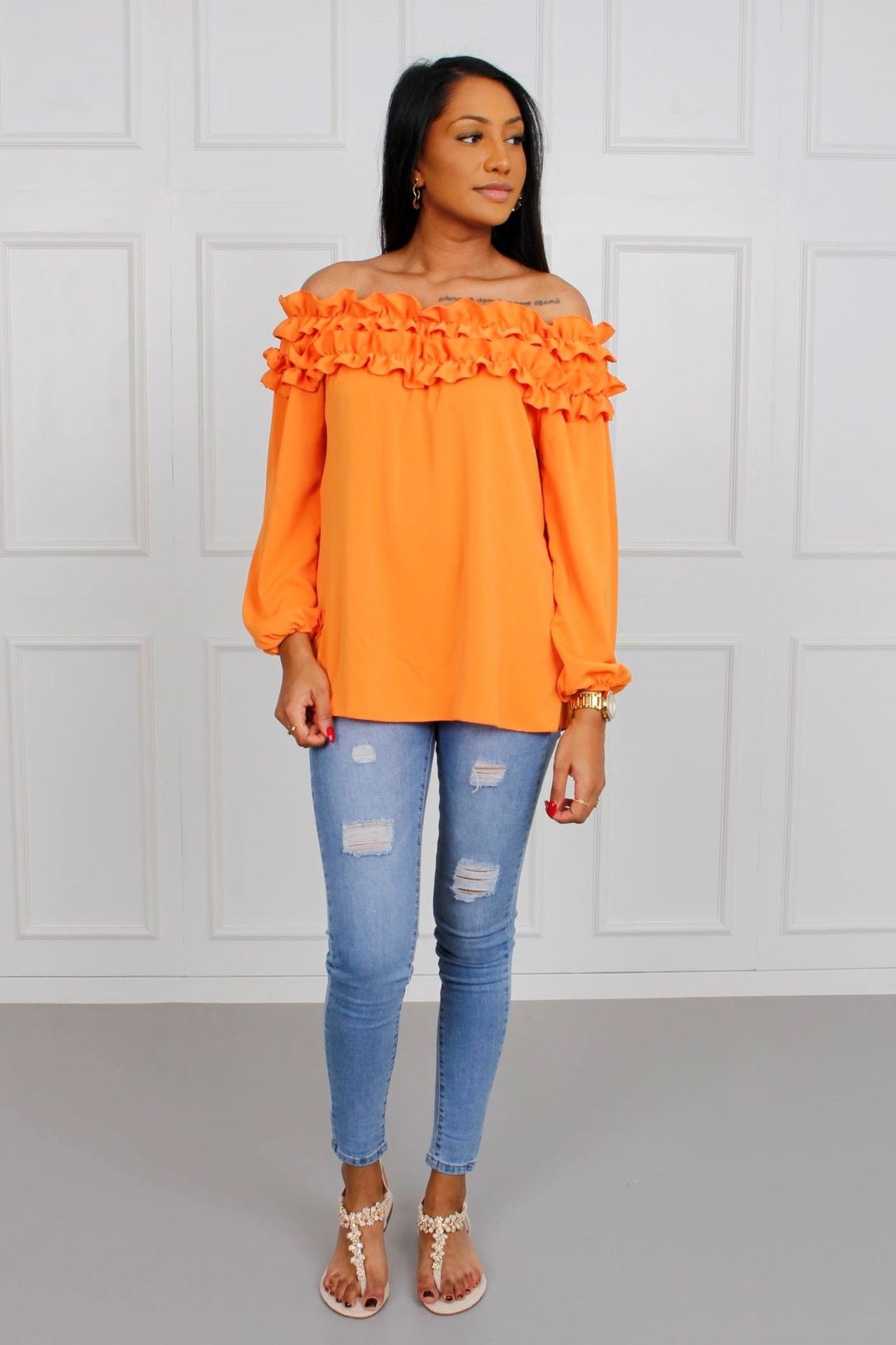 Bluse mit Rüschenrand, orange