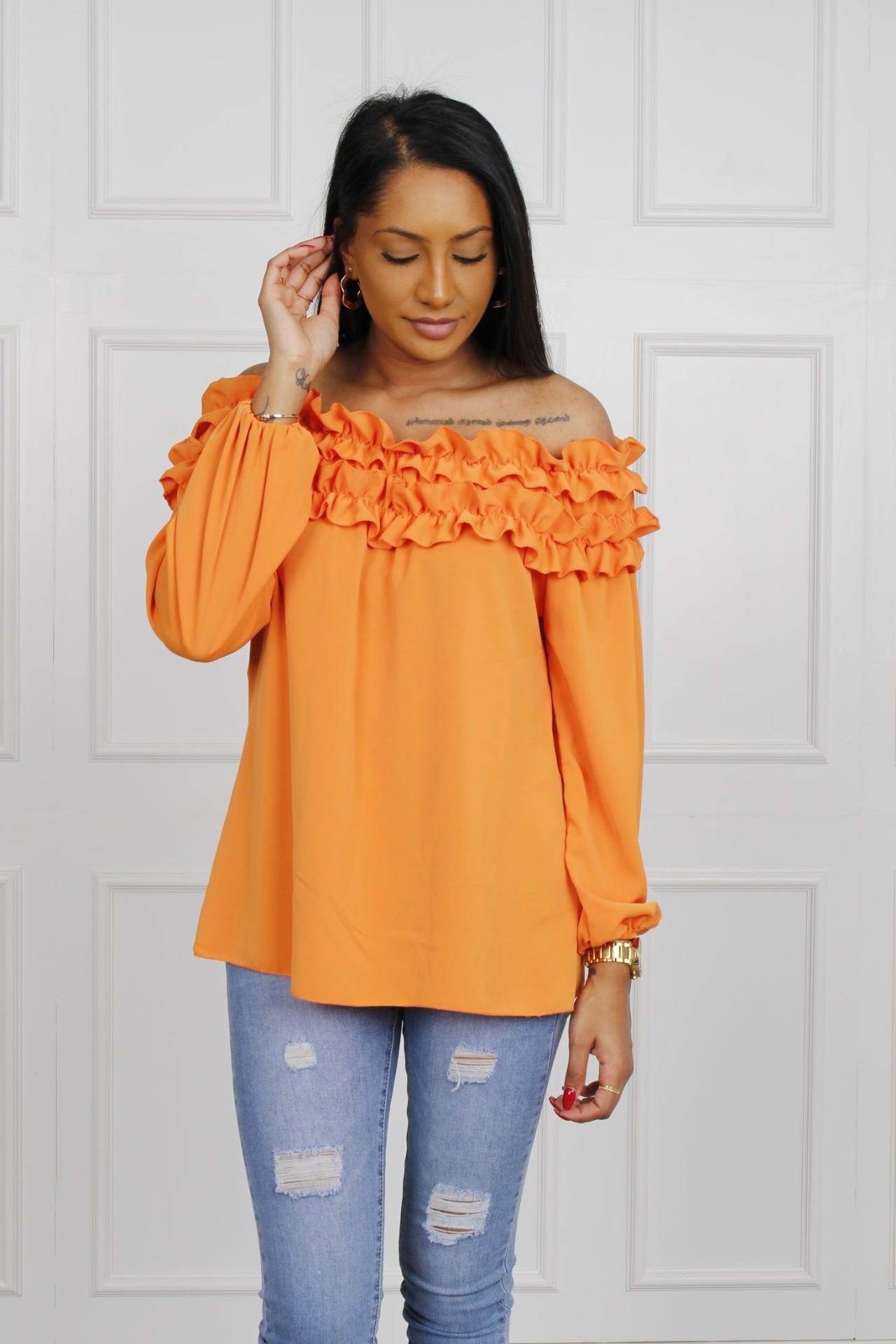 Bluse mit Rüschenrand, orange