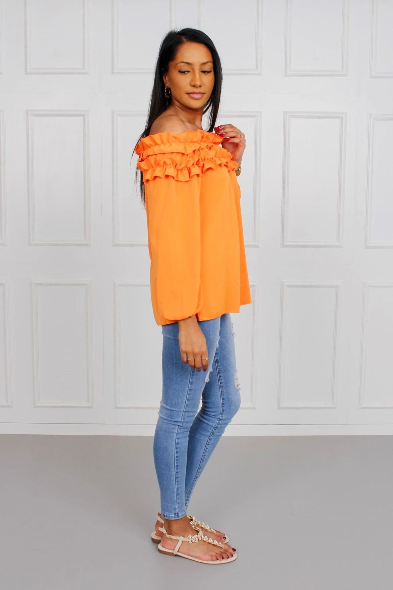 Bluse mit Rüschenrand, orange