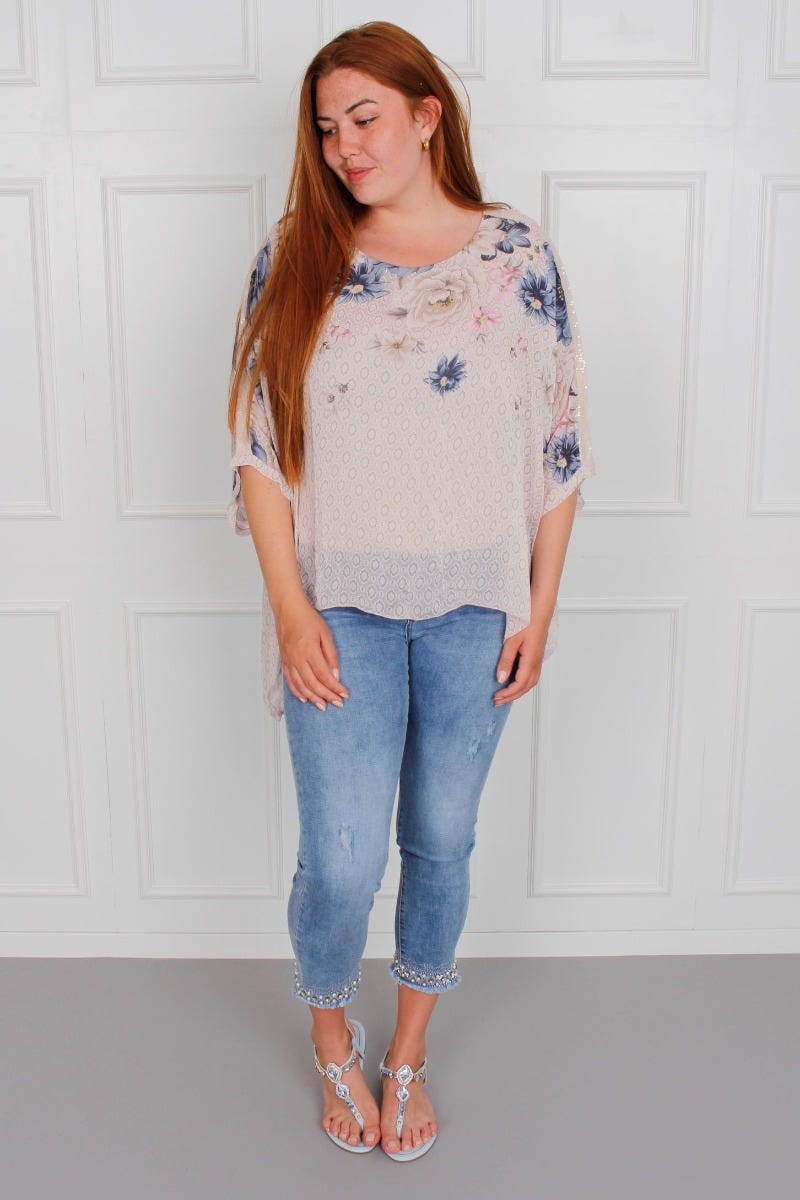 Plus Size - Zenia Bluse mit Fledermausärmeln und Blumenprint, rosa