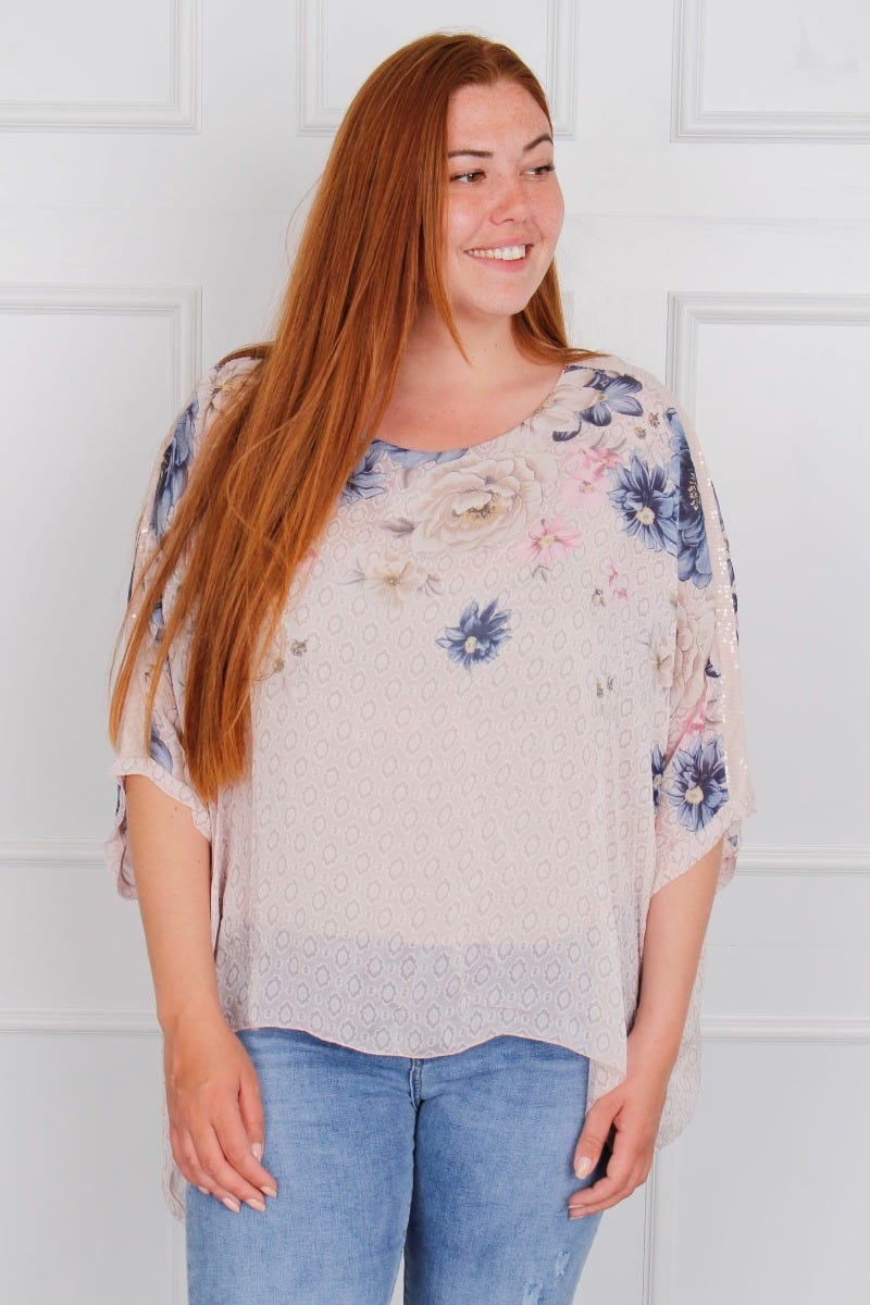 Plus Size - Zenia Bluse mit Fledermausärmeln und Blumenprint, rosa