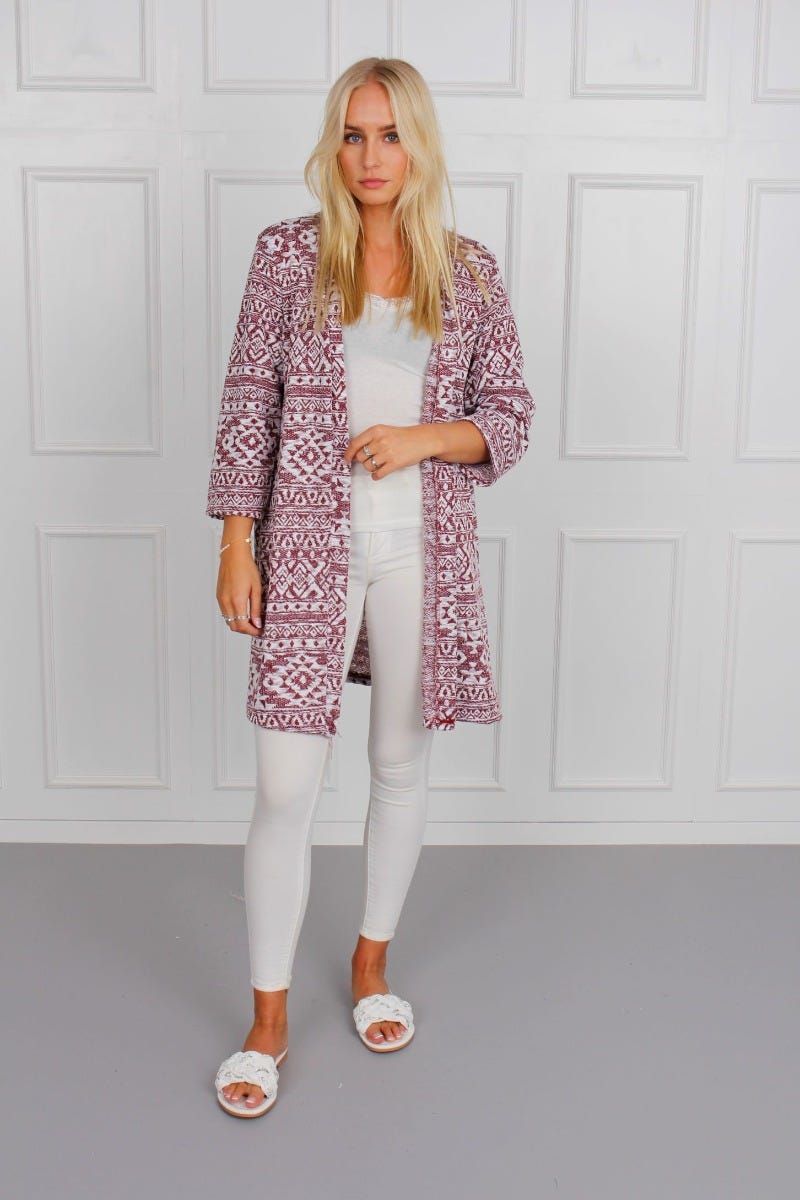 Cardigan mit Inka Muster, weinrot