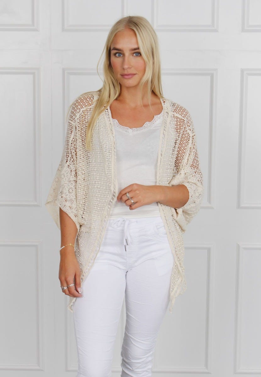 Cardigan mit Spitzendetails, beige