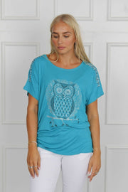 T-shirt m. ugle motiv, aqua