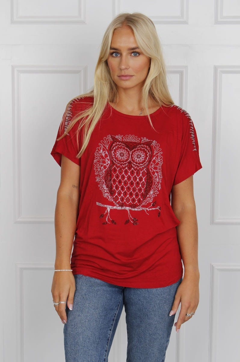 T-Shirt mit Eulenmotiv, rot