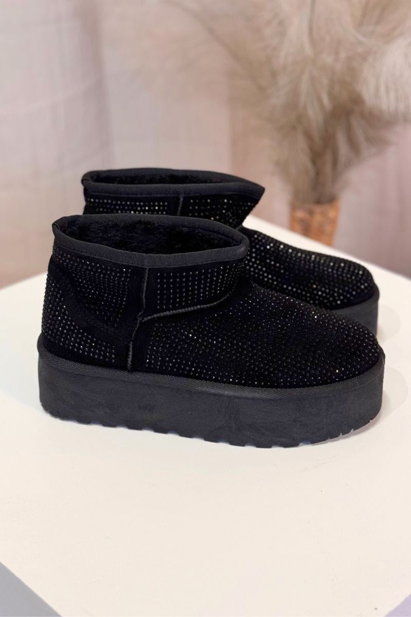 Kort bamsestøvle m. plateau  og glitter Sort