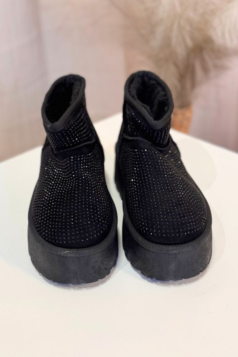 Kort bamsestøvle m. plateau  og glitter Sort