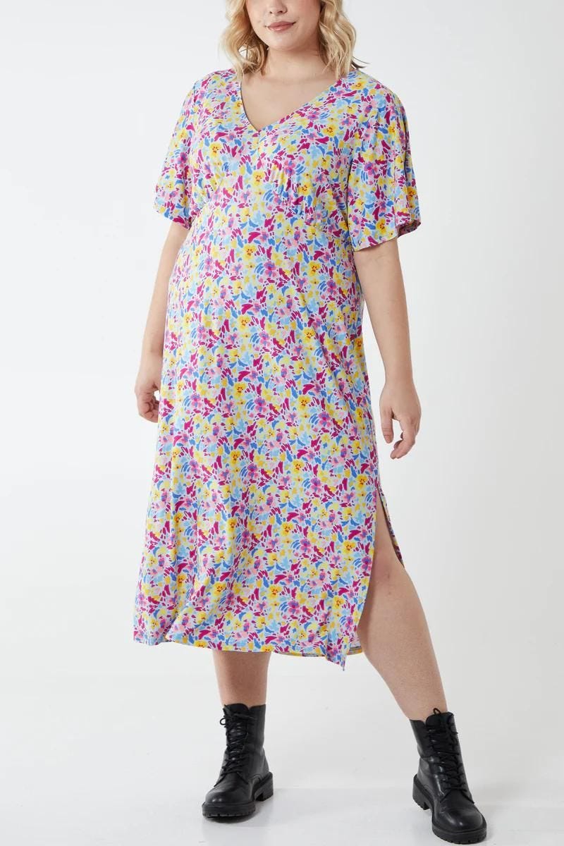 Sleeve dress m. blomsterprint Blue