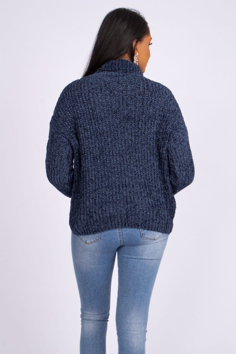 Chenille strik m. rullekrave Navy