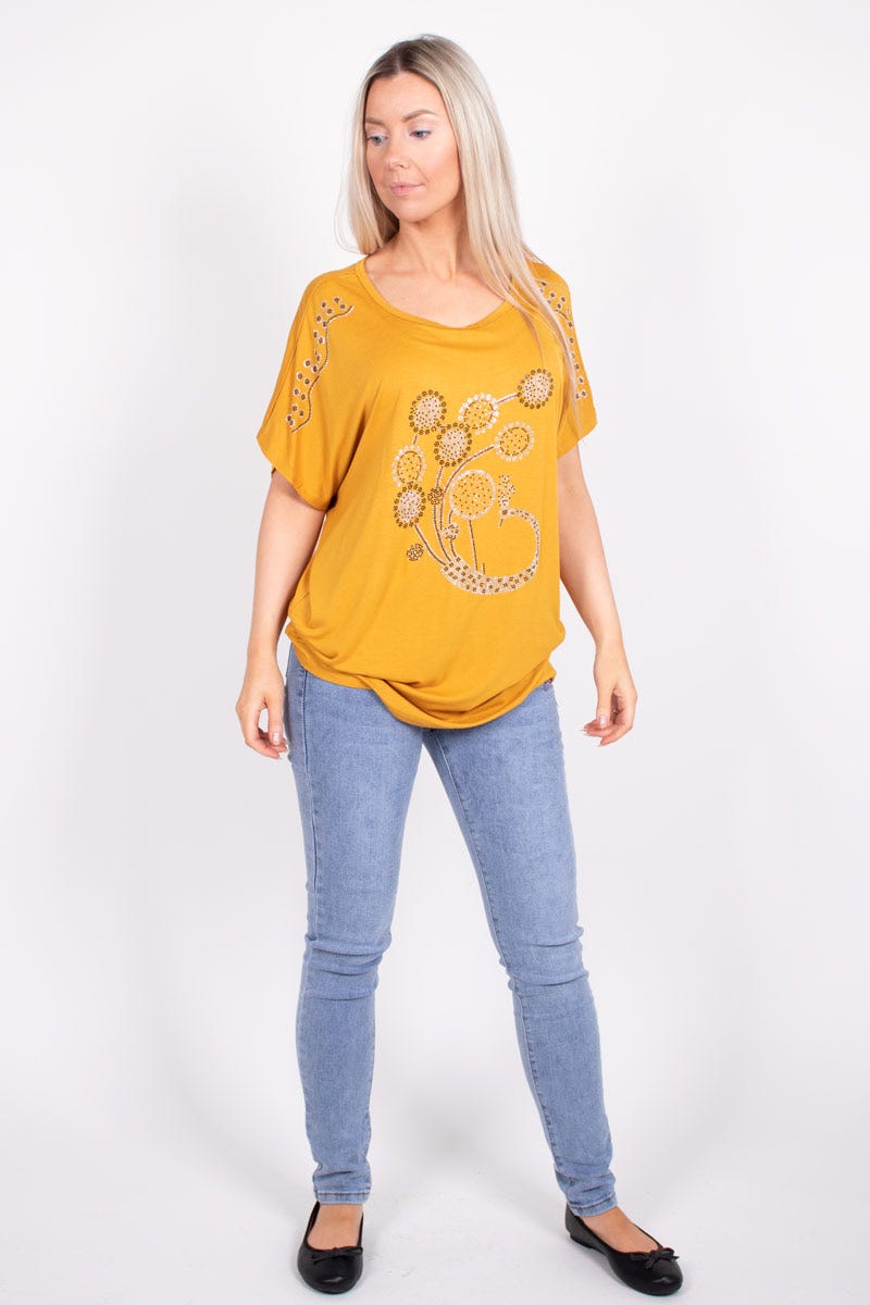 T-shirt m. påfugl glimmer motiv Mustard