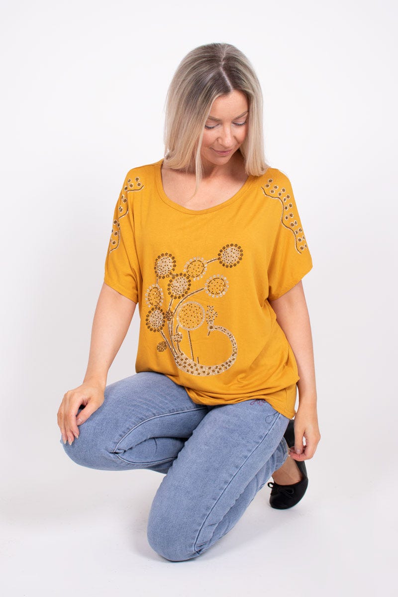 T-shirt m. påfugl glimmer motiv Mustard