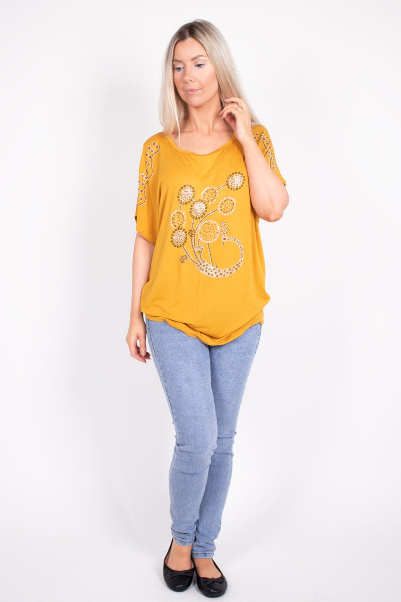 T-shirt m. påfugl glimmer motiv Mustard