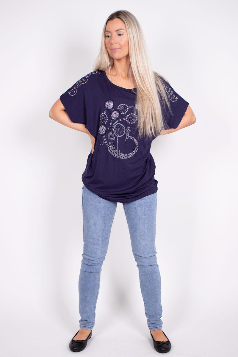 T-shirt m. påfugl glimmer motiv Navy