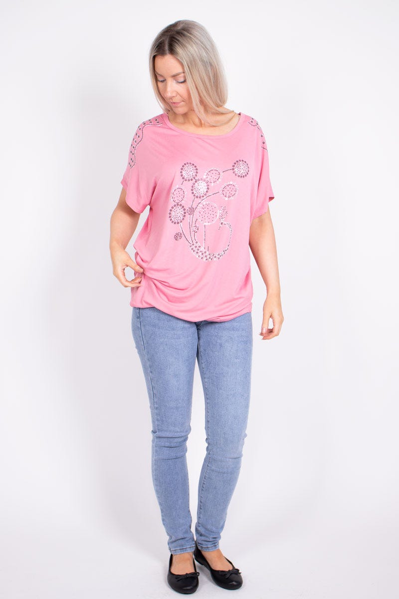 T-shirt m. påfugl glimmer motiv Rosa