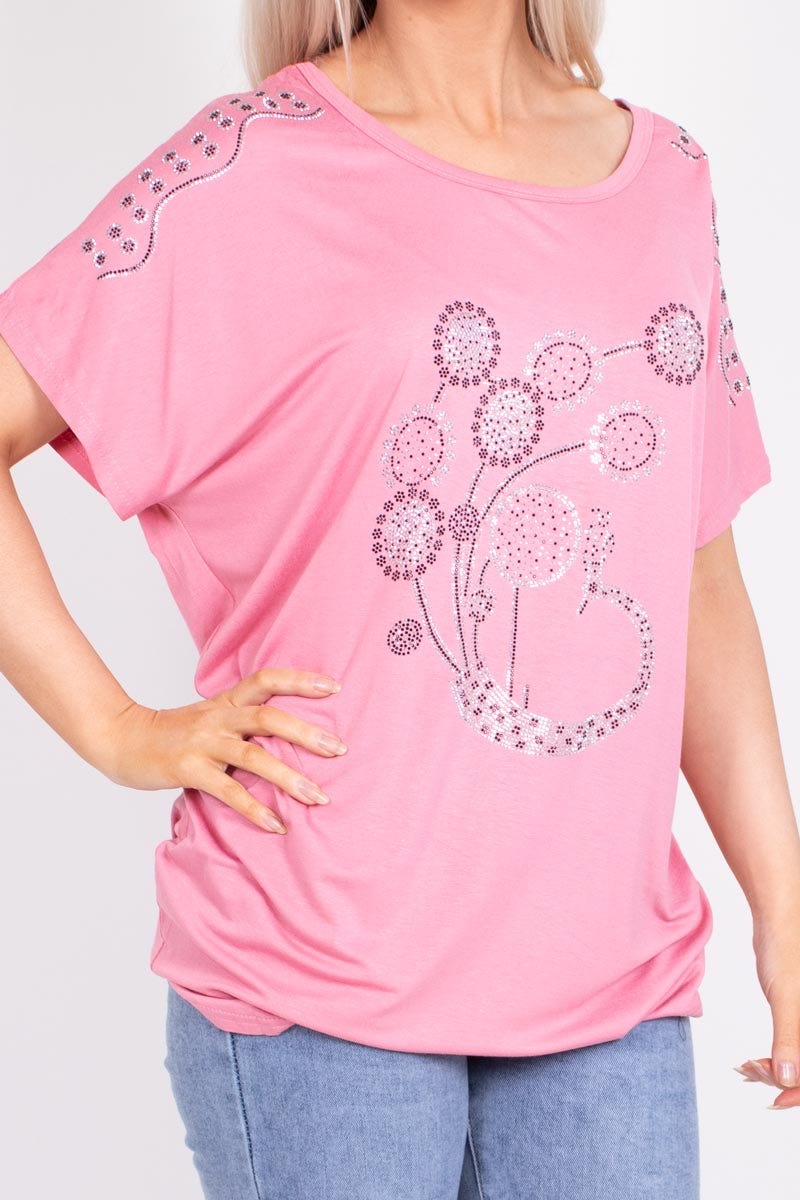 T-shirt m. påfugl glimmer motiv Rosa