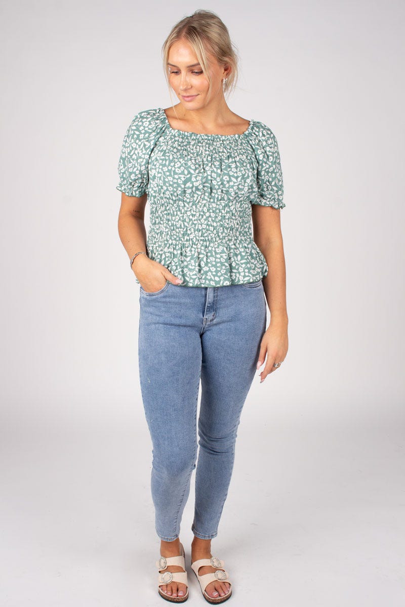 Top m. blomster Aqua