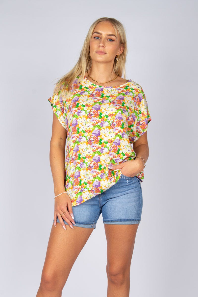 Bluse m. blomster Lilla/gul