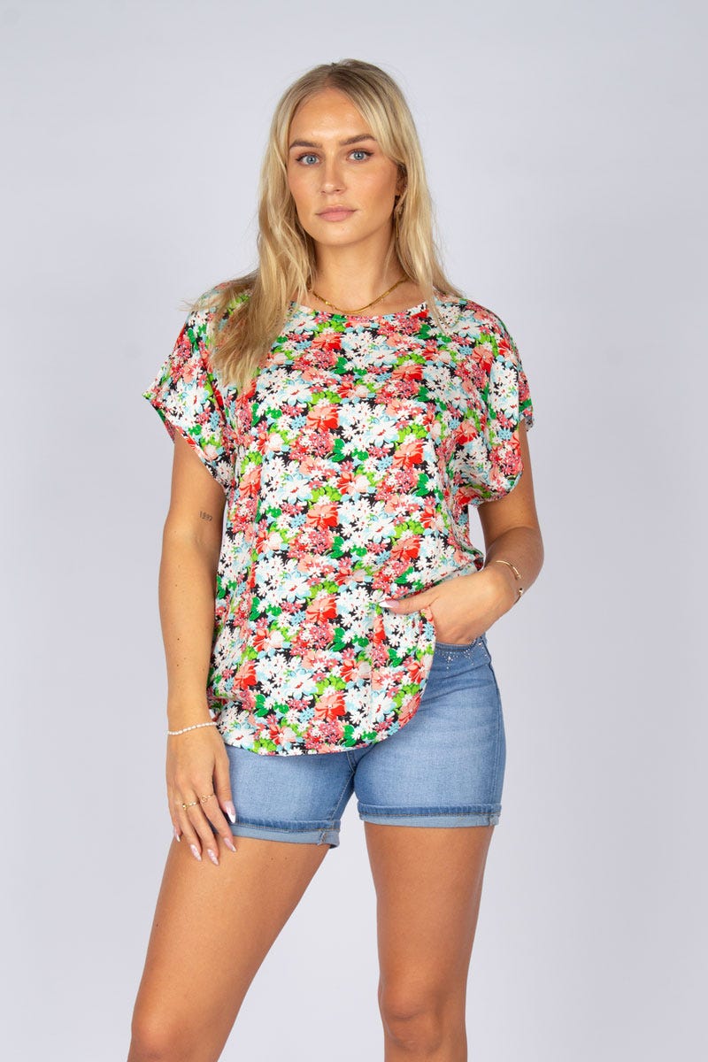 Bluse m. blomster Sort/koral