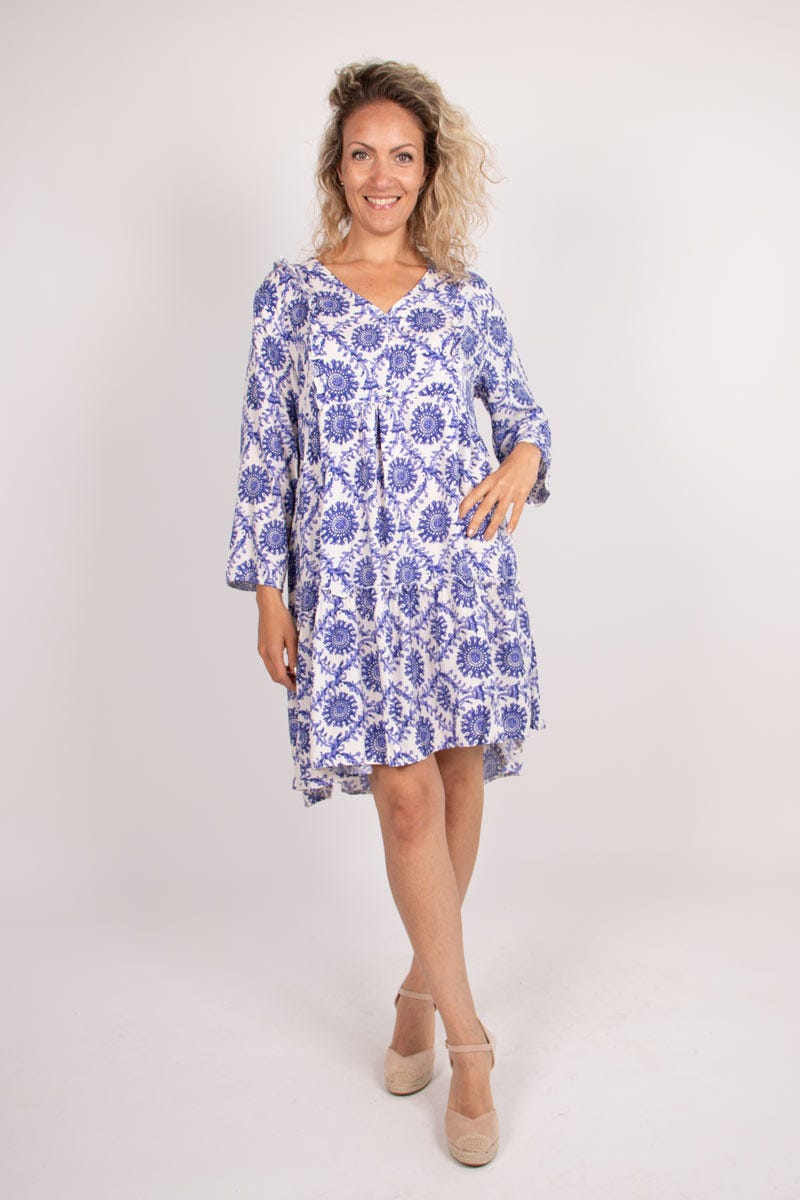 Graphisch-gemustertes Tunika-Kleid mit Rüschen Blau/Lila