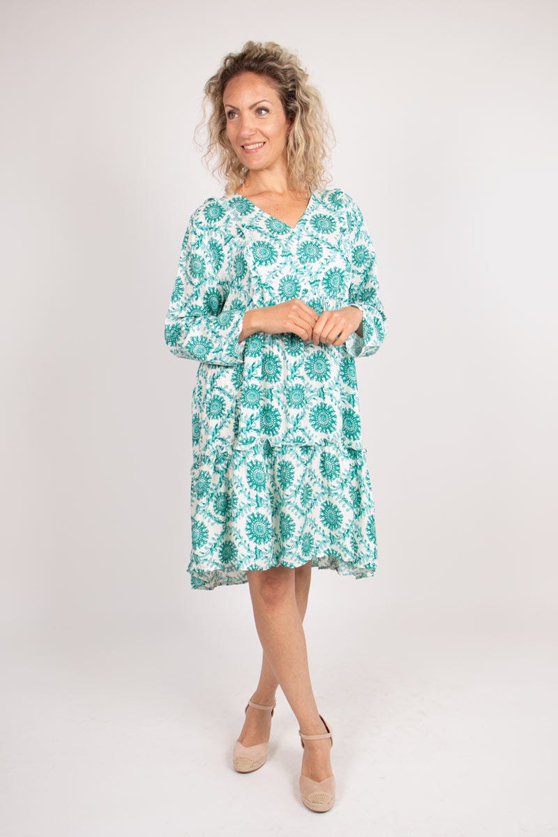 Graphisch-gemustertes Tunika-Kleid mit Rüschen Grün/Türkis