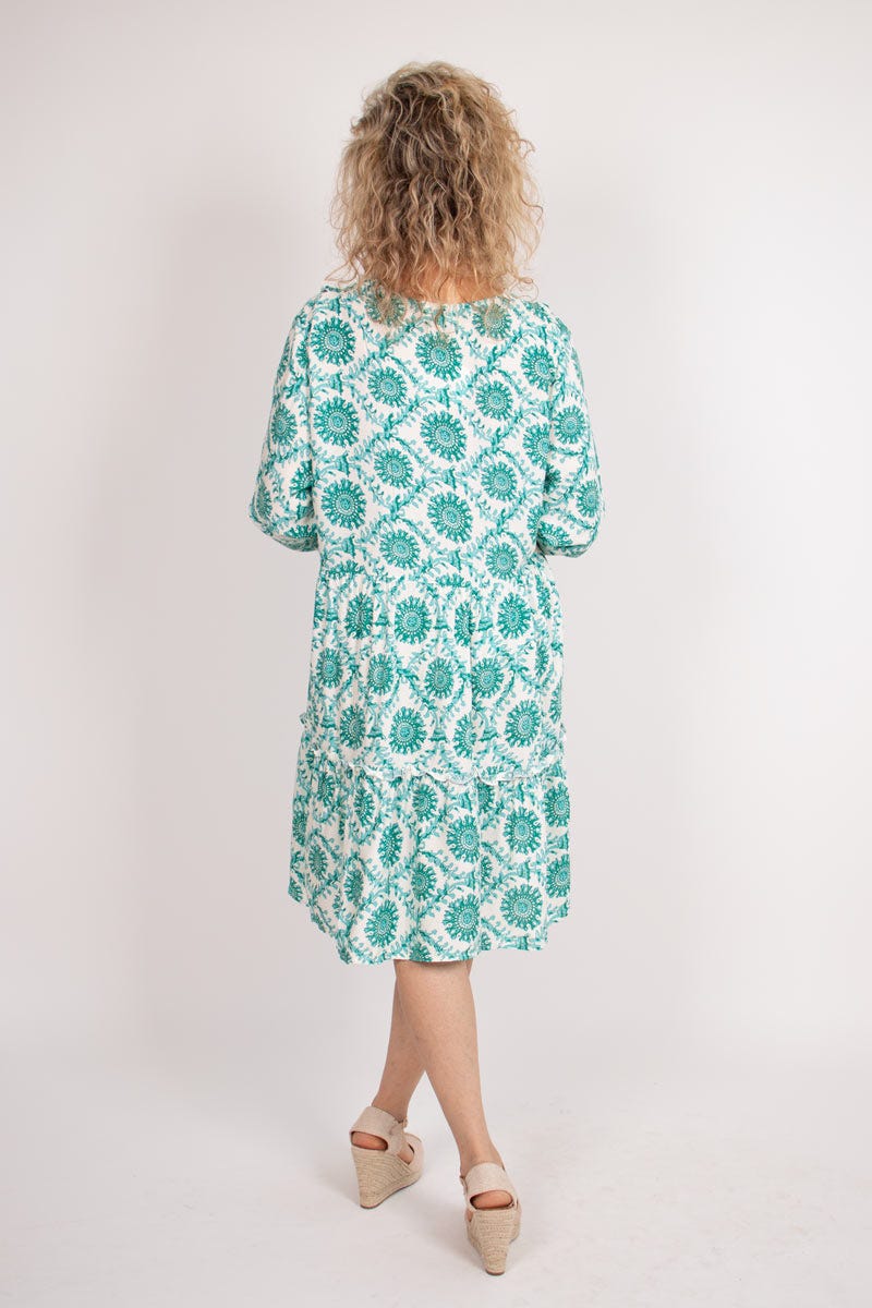 Graphisch-gemustertes Tunika-Kleid mit Rüschen Grün/Türkis