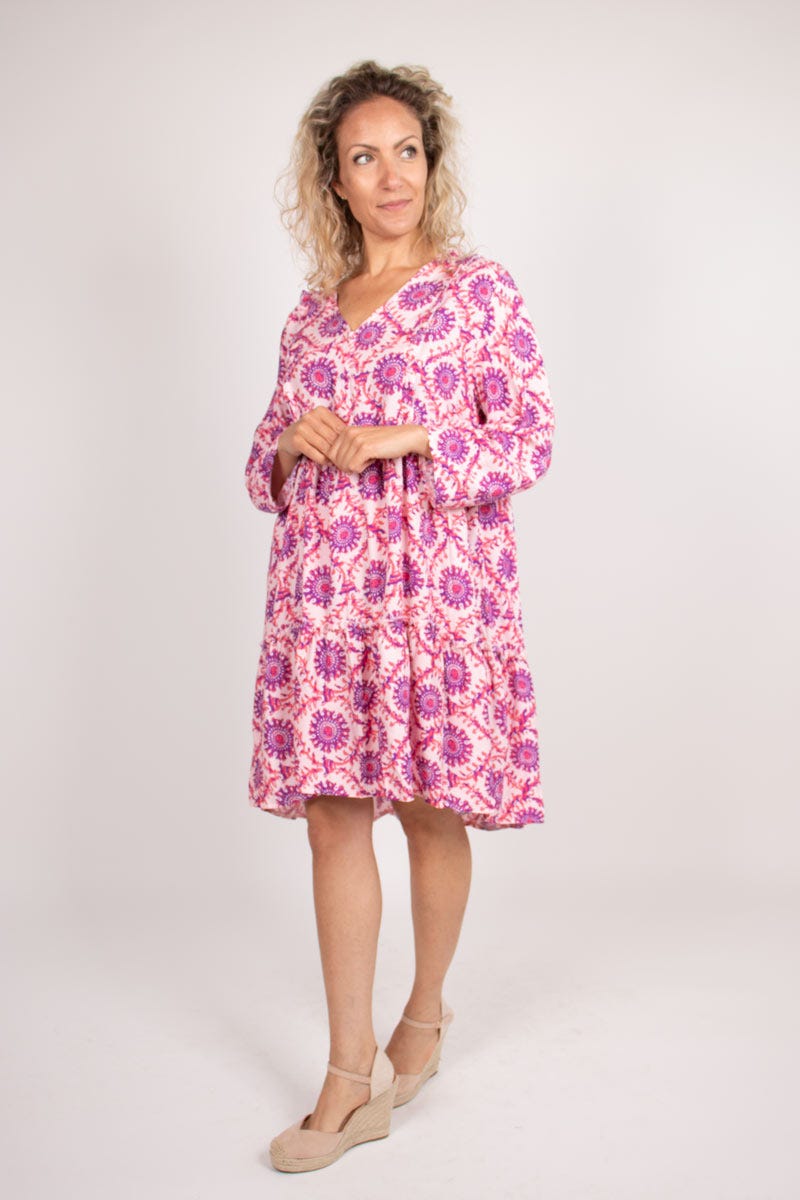 Graphisch-gemustertes Tunika-Kleid mit Rüschen Lila/Pink