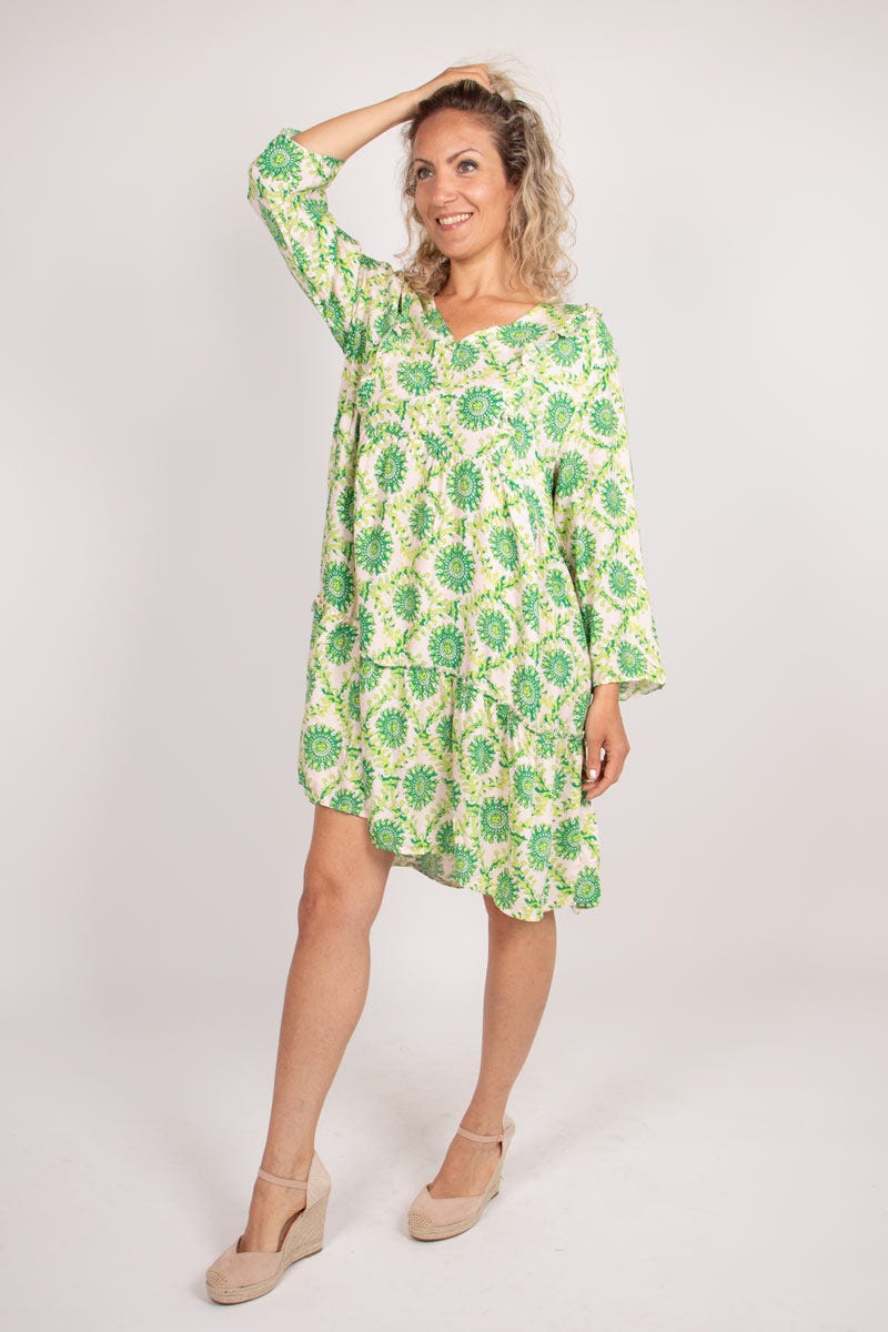 Graphisch-gemustertes Tunika-Kleid mit Rüschen Lime/Grün