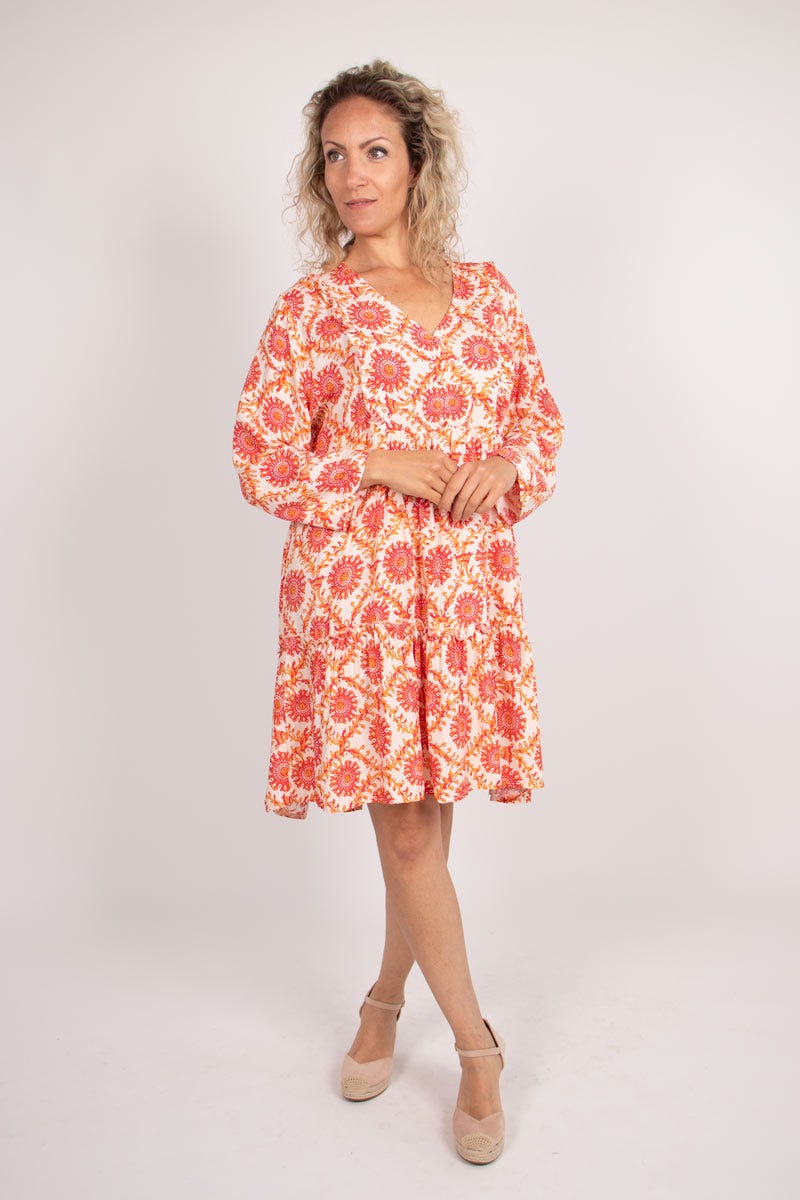 Graphisch-gemustertes Tunika-Kleid mit Rüschen Orange