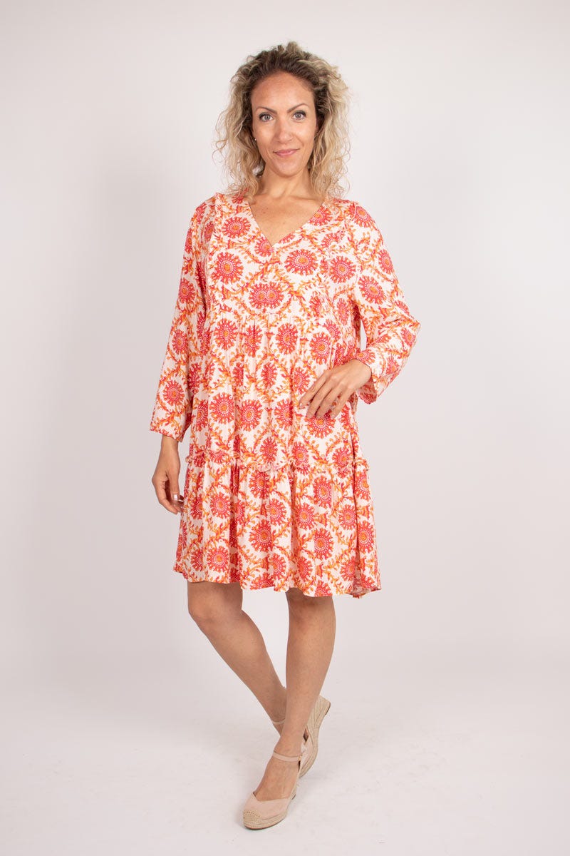 Graphisch-gemustertes Tunika-Kleid mit Rüschen Orange