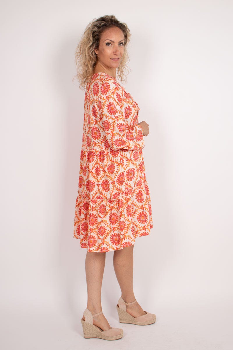 Graphisch-gemustertes Tunika-Kleid mit Rüschen Orange