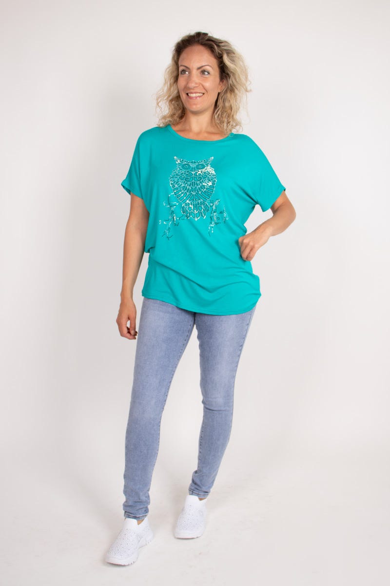 T-shirt med ugle motiv Aqua